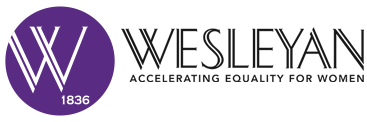 Smaller Wesleyan College Logo and Banner: Round purple background with white W. First for Women.